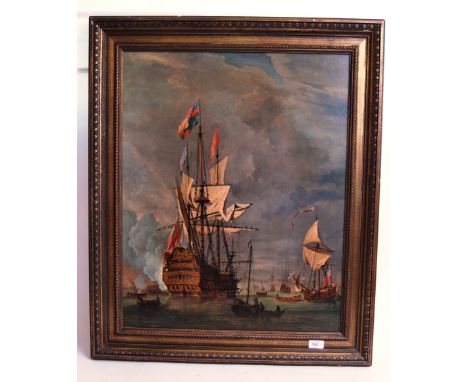 WATERLOO: A large decorative framed textured print of the battle of Waterloo (believed) showing several gunships at arms. Gil