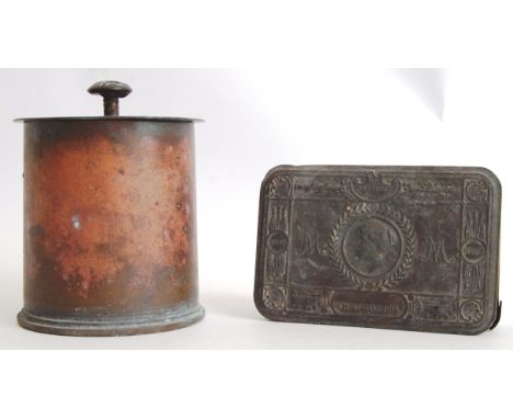 FIRST WORLD WAR: An original WWI First World War issue Princess Mary Chocolate tin (AF), along with a good trench art shell b