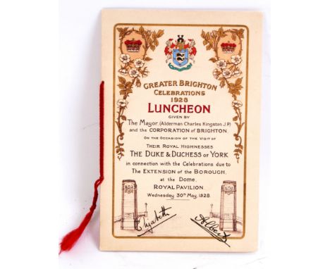 DUKE & DUCHESS OF YORK: A rare and unique vintage ' Greater Brighton Celebrations ' Wednesday 30th May 1928 Luncheon Menu, ce