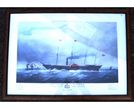 SS GREAT WESTERN: A large museum style framed print of the SS Great Western, Brunel's famous ship. Framed and glazed. 76cm x 