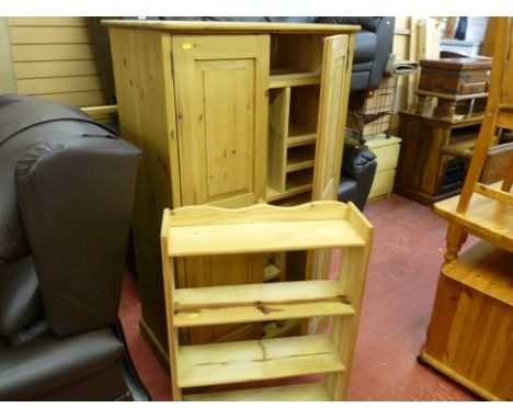 Pine workstation cupboard and four shelf compact bookcase