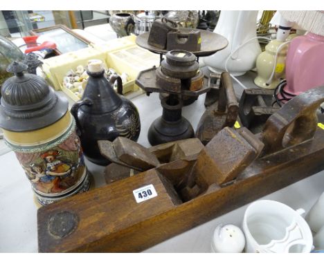 Mixed metalware including weights, scales, wooden plane, stein etc