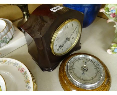 Smiths bakelite cased mantel clock and a small circular oak wall barometer