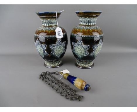 Pair of Royal Doulton stoneware vases and a ceramic chain pull by same maker