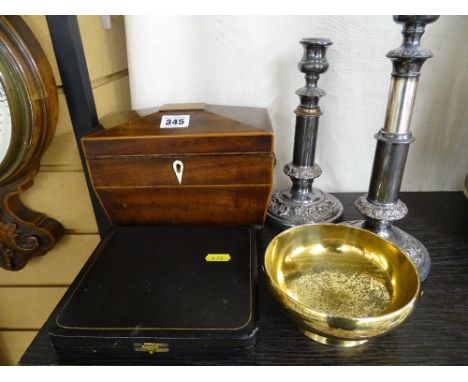 Regency mahogany tea caddy, cased set of pastry forks, pair of adjustable EP candlesticks and a small heavy brass bowl