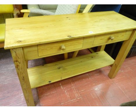 Pine two shelf console table with two drawers