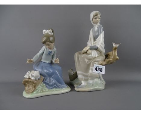 Lladro figurine of a young woman in a shawl and a Nao figurine of a young girl with puppy