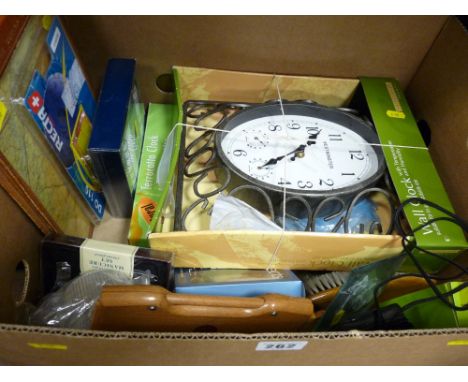 Two boxed vintage style wall clocks, Dunlop Maps folder and other useful household items