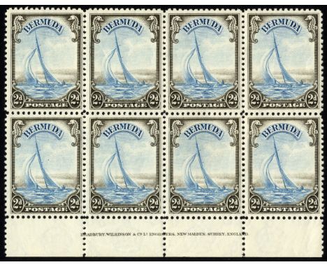Bermuda. 1938 2d light blue and blackish sepia unmounted mint imprint block of eight. Difficult multiple. SG 112 (£400)/CW 3