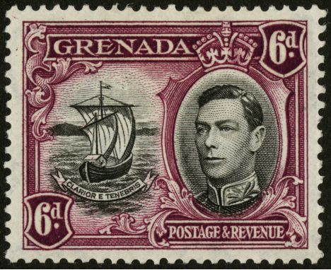 Grenada. 1942 6d black and purple perf 13 _ x 12 _ mint, hinge remainder, with R1/6 extra window and broken handrail. Scarce.