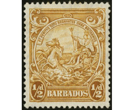 Barbados. 1942 _d yellow bistre mint with ÔA 'of 'CA' missing from watermark, also with the R10/6 recut line, small patch of 