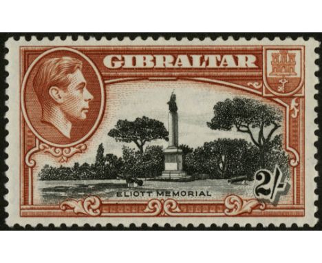Gibraltar. 1942 2/- black and brown perf 13 mint with R9/3 bird on memorial, light traces of hinge, a fine example. SG 128bb 