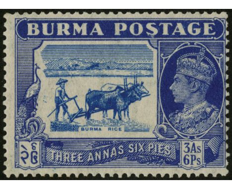 Burma. 1938 3a.6p light blue and blue u/m with R9/5 'tick birdÕ, centered to right. SG 27b (£150)