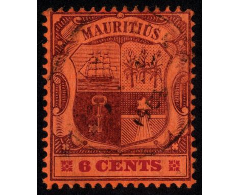 Mauritius. 1904 6ct purple and carmine on red paper with inverted watermark, fine used with light CDS. SG 168aw (£350)