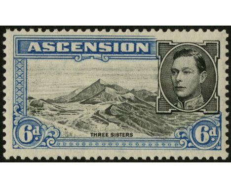 Ascension. 1938 6d perf 13_ hinged mint, R5/4 'boulder' flaw. SG 43a (£200)/CW 9a