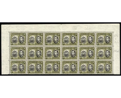 Grenada. 1942 3d black and brown-olive perf 13_x 12_ unmounted mint top three rows of sheet (eighteen stamps), centrally fold