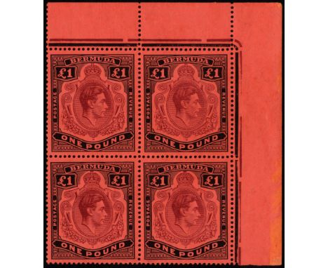 Bermuda. 1937 (Nov.) £1 pale purple and black on crimson paper, mint top right corner block of four, hinged on selvedge only.