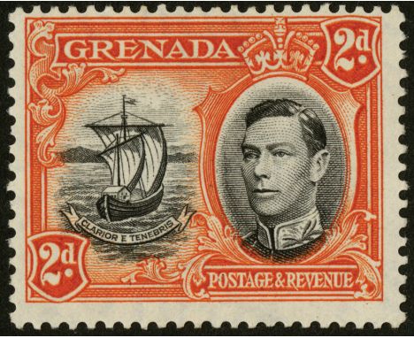 Grenada. 1938 2d black and orange perf 13_ x 12 _ mint, lightly hinged, with R1/6 extra window and broken handrail. SG 156ac 