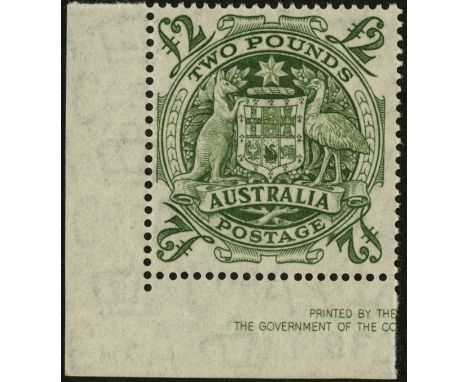 Australia. 1950 Arms £2 green unmounted mint corner example with part imprint, R6/1 'roller' flaw. SG 224da (£150)/CW 66a