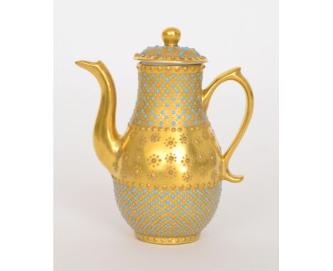 A small contemporary coffee pot decorated by former Royal Worcester gilder Ken Russell, the gilt ground with blue enamel jewe