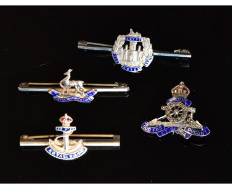 Four silver and enamel decorated military sweetheart brooches, Royal Artillery, Royal Navy, Royal Warwickshire and The Essex 