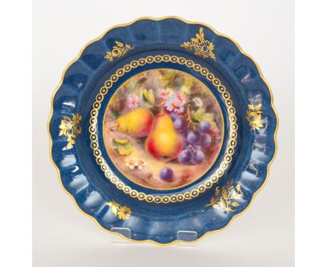 A Royal Worcester fruit painted shallow plate decorated to the central roundel by Martin with pears, red grapes and daisies, 