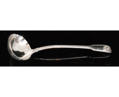 A Victorian hallmarked silver fiddle thread and shell pattern soup ladle, length 34cm, London 1885, 