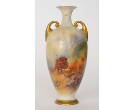 A Royal Worcester twin handled baluster vase panel decorated by H. Stinton with hand painted Highland cattle in a mountainous