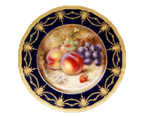 A Royal Worcester fruit painted cabinet plate decorated by Seabright with hand painted peaches, grapes and strawberries again