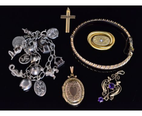 A modern 9ct Edwardian style amethyst open work pendant, together with a 9ct cross, metal brooch and bangle, locket and a sil