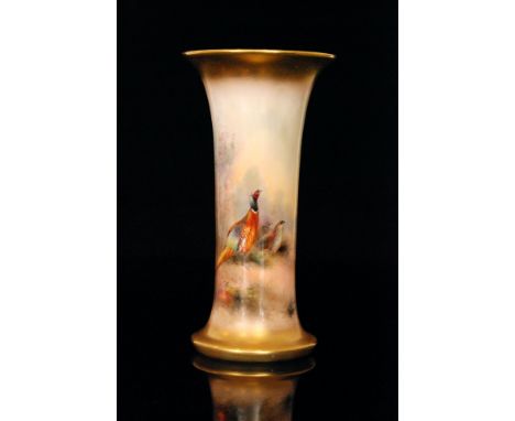 A Royal Worcester trumpet vase hand painted by James Stinton, the body panel decorated with a pheasant and a grouse in a wood