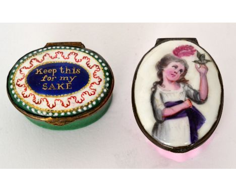 A 19th Century Bilston enamelled oval patch box Keep This For My Sake, together with a similar example depicting a young girl