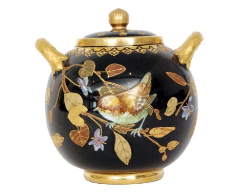 A late 19th Century Coalport pot pourri, the ovoid body decorated with enamel birds amidst gilt foliage, all to a blue ground