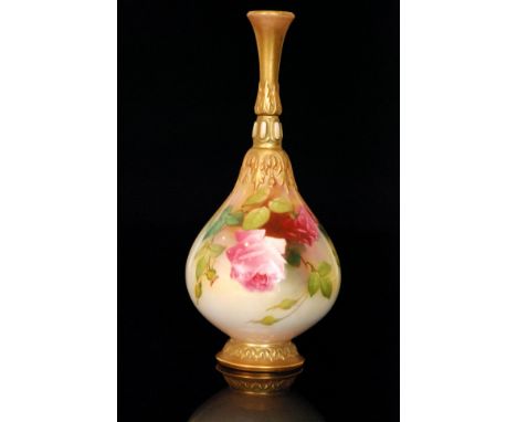 An early 20th Century Royal Worcester bottle vase decorated with a pink and crimson rose against a blush ground, signed A. La