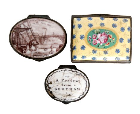 A late 18th Century Bilston enamel patch box decorated with a manganese and white scene entitled Bridgwater 'Sold at Thompson