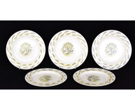 A set of five Eric Ravilious for Wedgwood Garden pattern bread plates each decorated with a tree, wheelbarrow and garden tool