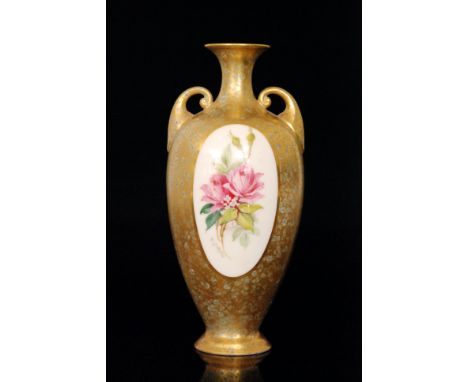 A Royal Worcester twin handled Hadleys shape 287 vase decorated by F.J Bray with a hand painted oval panel of pink roses and 
