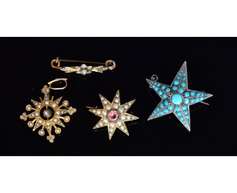 An Edwardian 9ct seed pearl starburst pendant brooch, stamped, together with a gilt metal and amethyst brooch, a white metal 