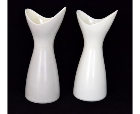 Two Poole Pottery Freeform shape 724 vases designed by Alfred Read comprising one in white and one in a mottled grey, printed