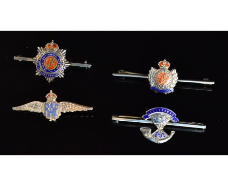 Four silver and enamel decorated military sweetheart brooches, Royal Engineers, Royal Army Service Corps, Jellalabad and RAF 