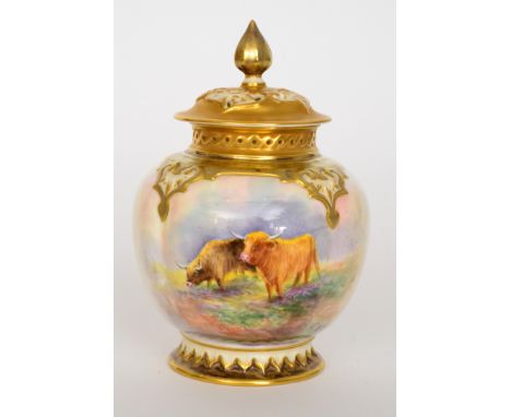 A mid 20th Century Royal Worcester pot pourri and spire cover panel decorated by E. Townsend with hand painted with two Highl