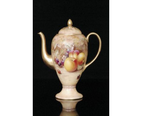 A large coffee pot painted in the round by former Royal Worcester artist Paul English with hand painted apples, peaches and b