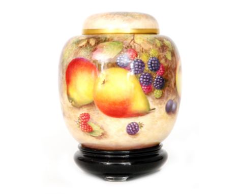 A Royal Worcester fruit painted ginger jar and cover decorated in the round by Harry Ayrton with hand painted apples, grapes,