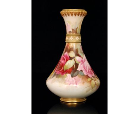 A large early 20th Century Royal Worcester bottle vase decorated with pink and crimson roses by E. Jarman, the collar and rim