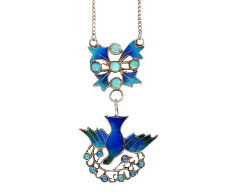 An Arts and Crafts opal and enamelled pendant modelled as a blue bird above eight collar set opals and below further blue ena