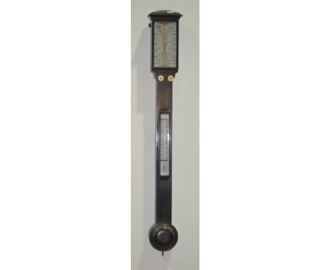 A 19th Century ebonised stick barometer and thermometer, the register signed Ezard, Scarborough, height 95cm.