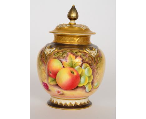 A Royal Worcester spire top pot pourri of lobed form panel decorated by S. Weston with hand painted apples and grapes, signed