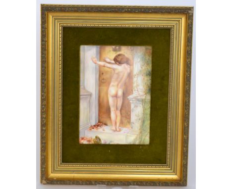 A 20th Century porcelain plaque by former Royal Worcester artist S.Weston decorated with a nude boy stood against a door flan
