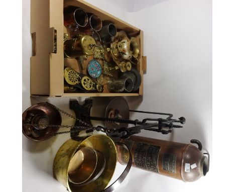 Vintage copper fire extinguisher, brass jam pans, wrought iron and copper scales, Minors lamp and other metalware in one box 