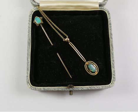 Opal pendant necklace and similar stick pin both stamped 9ct Condition Report Click here for further images, condition, aucti